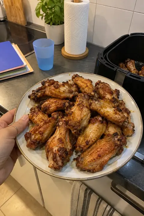 Mujer sosteniendo un plato de alitas de pollo recién sacadas de la freidora de aire