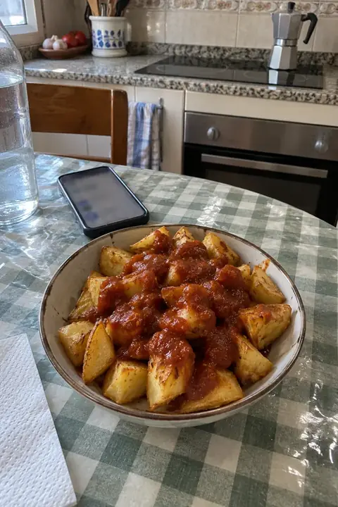 Cuenco de patatas bravas caseras sobre un mantel de cuadros