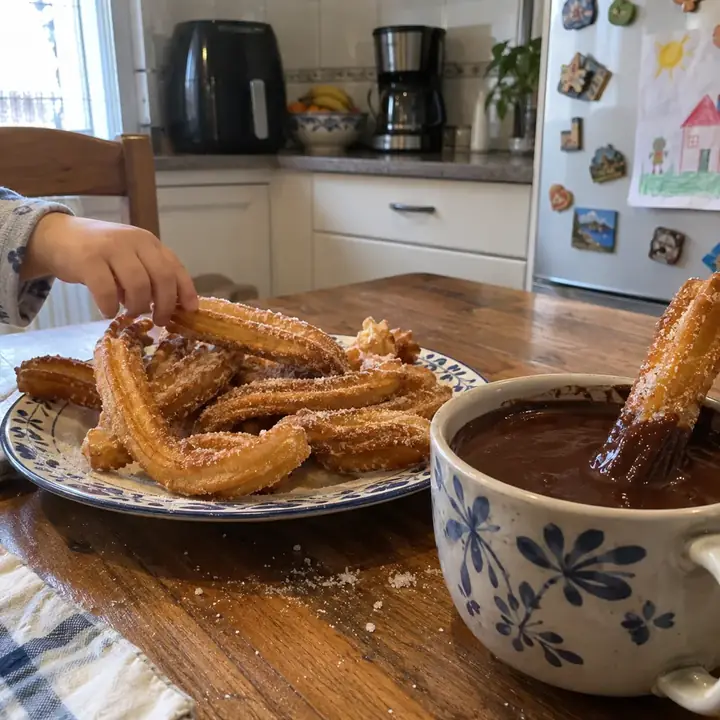 Mano de un niño cogiendo un churro junto a una taza de chocolate caliente