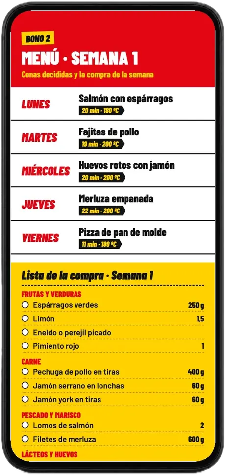 Menú de la semana 1 abierto en un móvil: las cenas de lunes a viernes y la lista de la compra por pasillos
